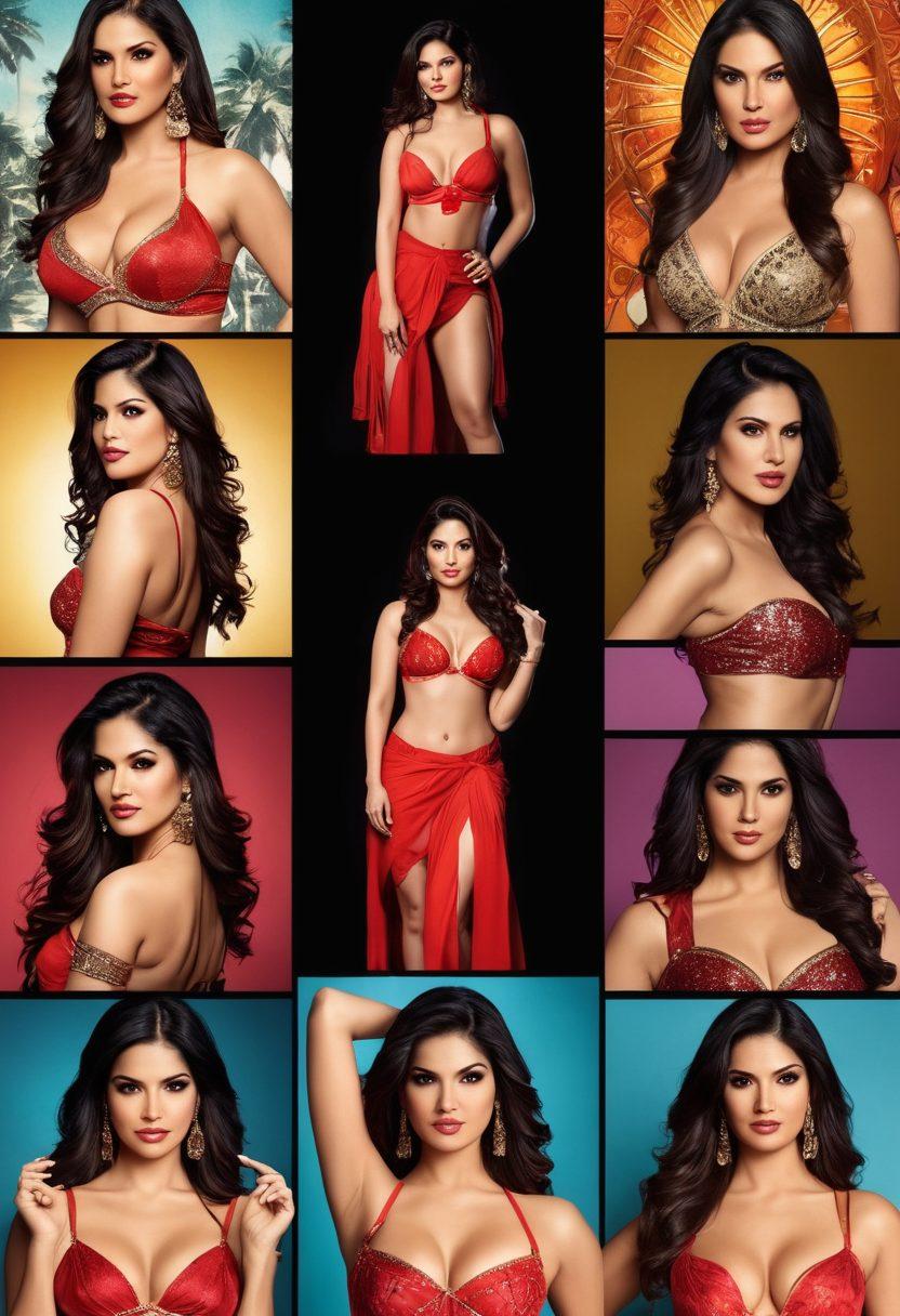 A split-image collage showcasing Sunny Leone's transformation, featuring vibrant scenes from her Bollywood career on one side with glamorous costumes, film posters, and dance sequences, and on the other side, her journey into the adult industry with a subtle yet elegant representation of the adult film world. Use warm lighting to convey change and evolution, and include elements like a film reel and camera in the background. super-realistic. vibrant colors. cinematic style.