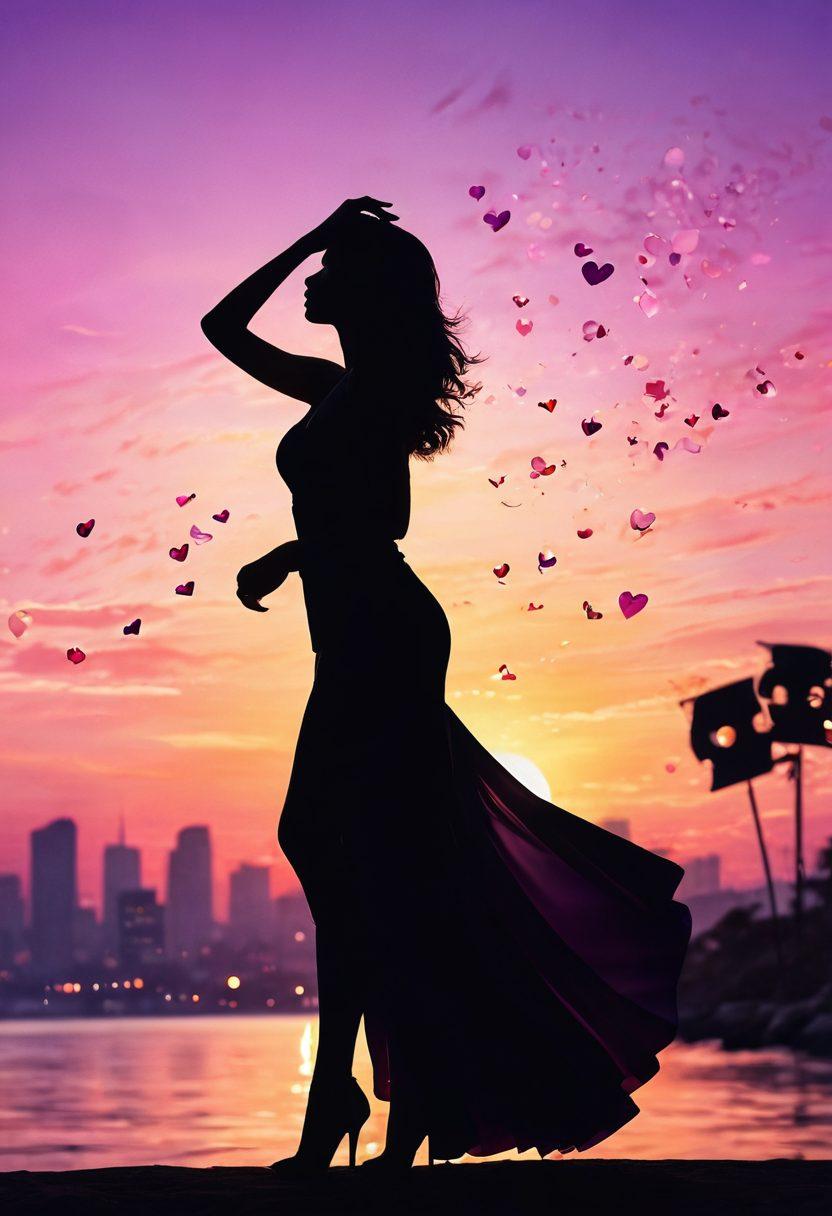 A captivating blend of sensuality and glamour, featuring a silhouette of a confident woman against a sunset backdrop, evoking allure and empowerment. Include subtle elements of film reels and hearts to symbolize entertainment, with a soft bokeh effect to enhance the dreamy atmosphere. Emphasize vibrant colors like gold, pink, and purple for a stunning visual appeal. realistic painting. vibrant colors.